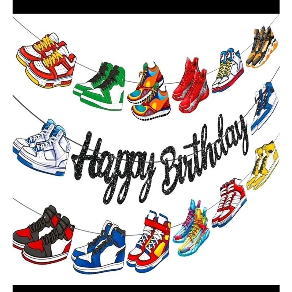 Glitter Black Sneaker Happy Birthday Banners 3Pcs Sports Shoes Theme Party Decor